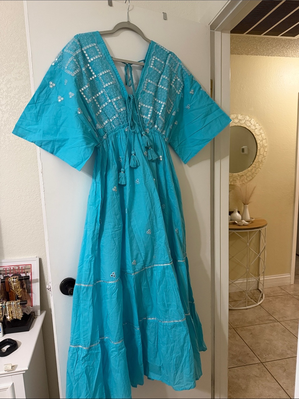 Turquoise Embroidered Tie-Front Maxi Dress with Tassel Detail